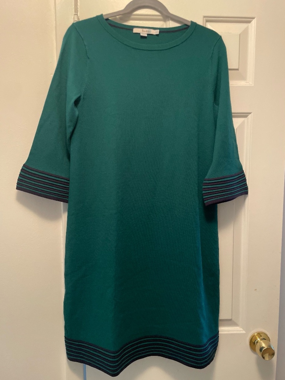 Boden Green Knit Sweater Dress with Navy Striped Trim - Size US 10 / UK 14